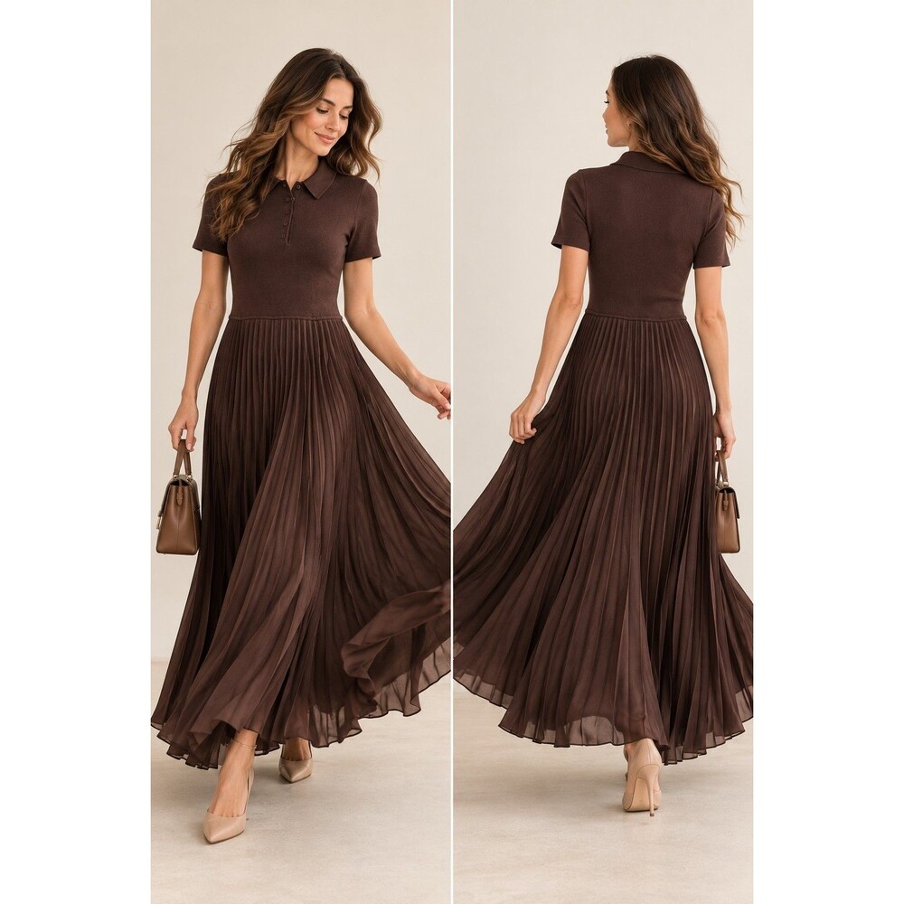 Taylor Chocolate Brown Pleated Maxi Dress S Polo Knit Mixed Media Short Sleeve